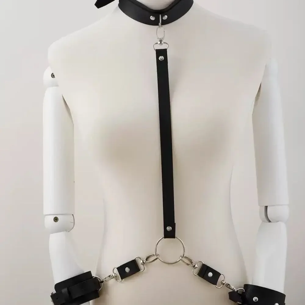Punk Goth Adjustable Leather Collar to Cuff Restraint Set